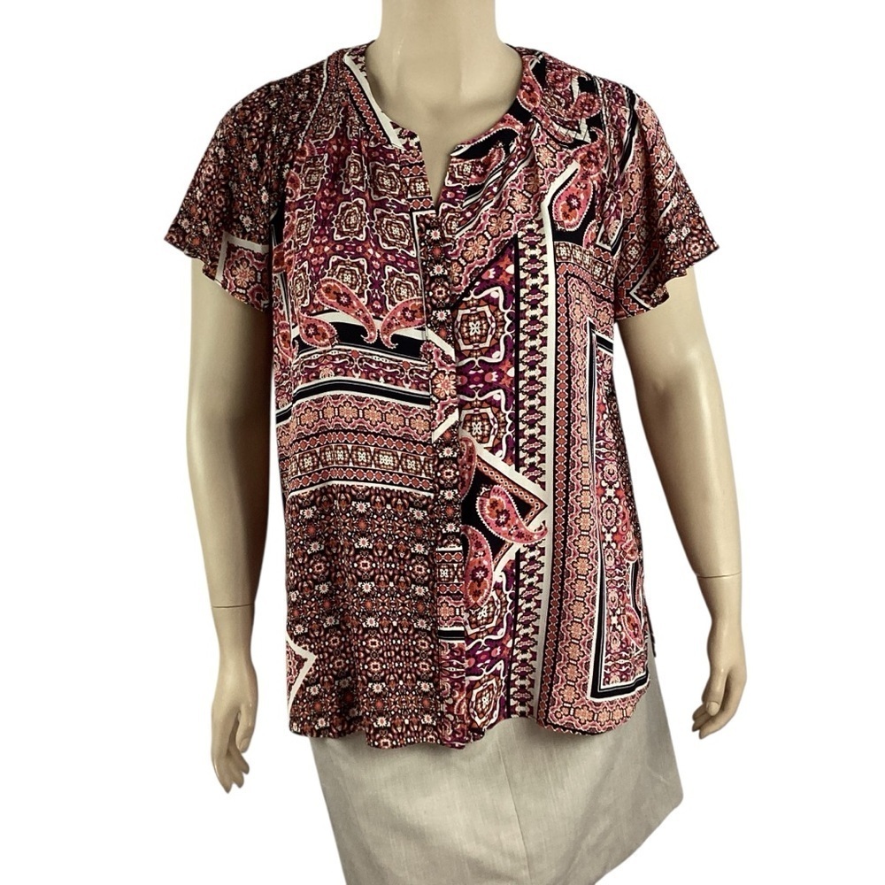 Rose + Olive 1X Patchwork Print Button Front Blouse Pink Multi